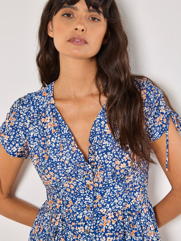 Ditsy Floral Button-Down Midi Dress, Blue, large
