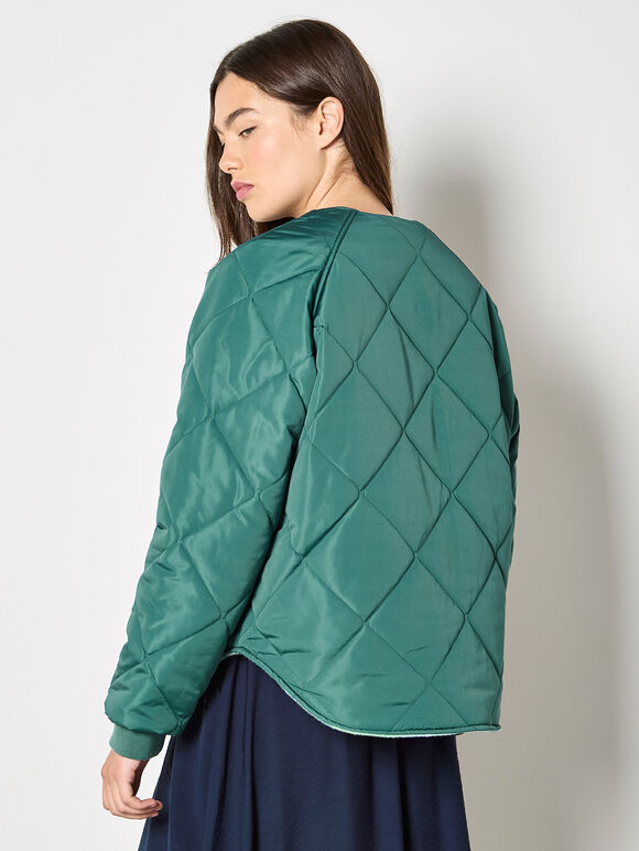 Reversible Check Fleece Quilted Jacket, Green, large