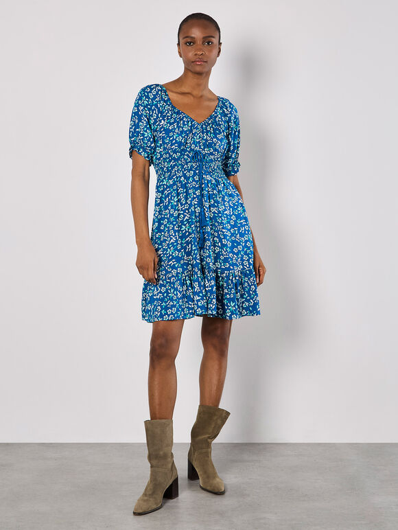 Sarasa Floral Bardot Mini Dress, Blue, large