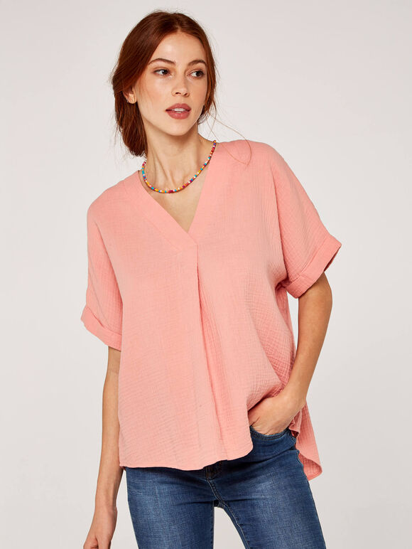 Textured Cotton Pleat Front Top, Pink, large