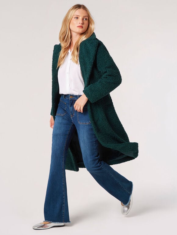 Longline Borg Teddy Coat, Green, large