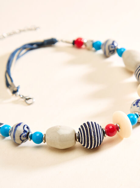 Blue And White Fabric Bead Necklace