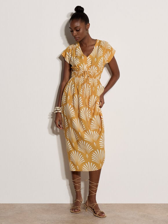 Fan Print Midaxi Dress, Mustard, large