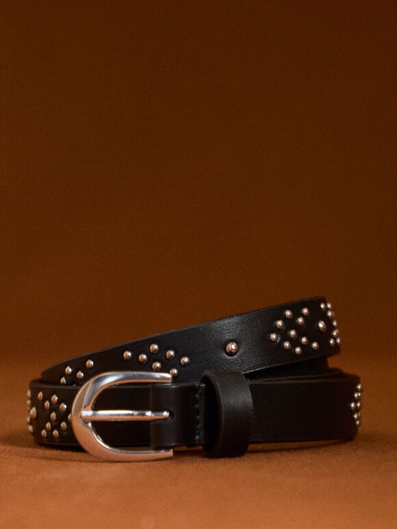 Silver Rivet Studded Belt, Black, large