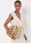 Floral Embroidered Round Straw Bag, Stone, large