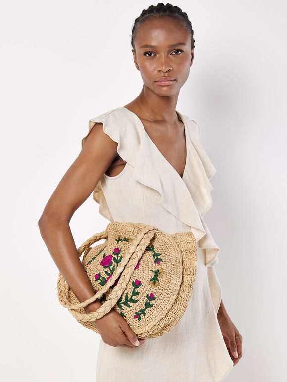 Floral Embroidered Round Straw Bag, Stone, large