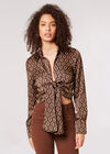 Geomteric Tie Front Satin Shirt, Brown, large