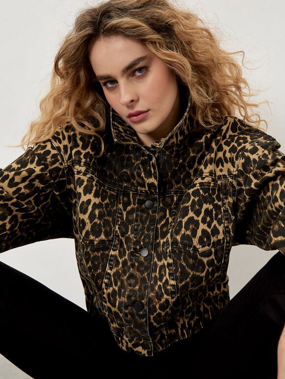 Leopard Print Denim Crop Jacket, Brown, large