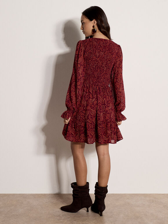 Paisley Chiffon Mini Dress, Burgundy, large