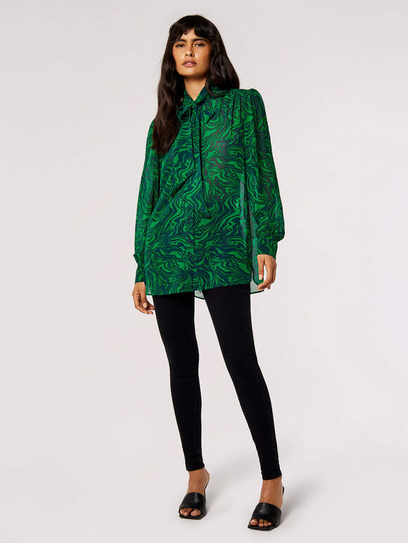 Painterly Marble Tie Neck Blouse, Green, large