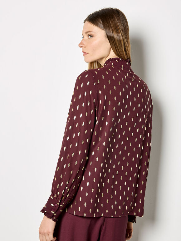 Gold Foil Ruffle Chiffon Blouse, Burgundy, large