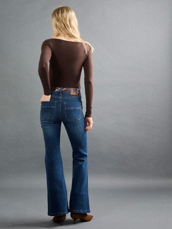 Lulu Scarf Belt Flare Jeans, Blue, large