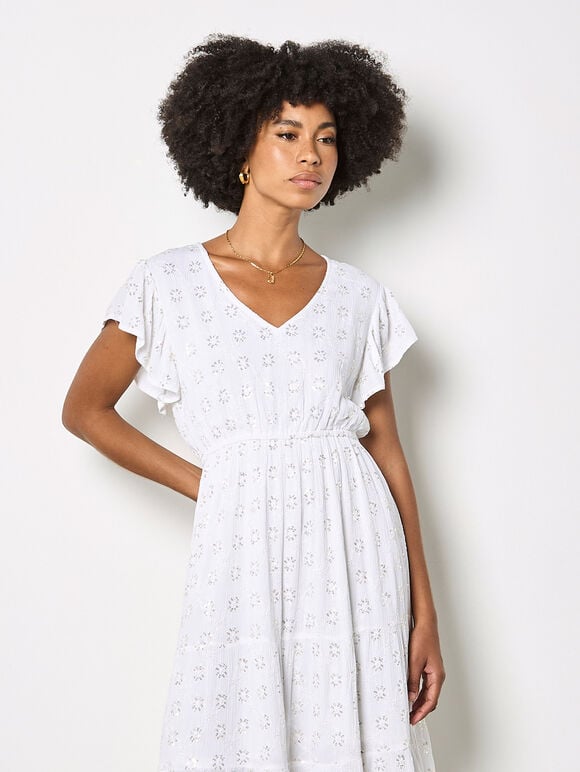 Sequin Floral Embroidered Mini Dress, White, large