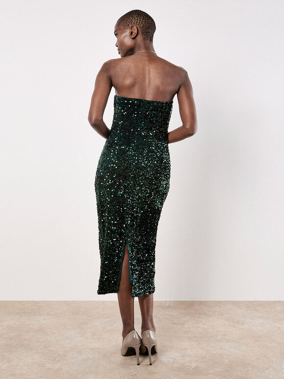 Sequin Bandeau Velvet Bodycon Midi Dress, Green, large