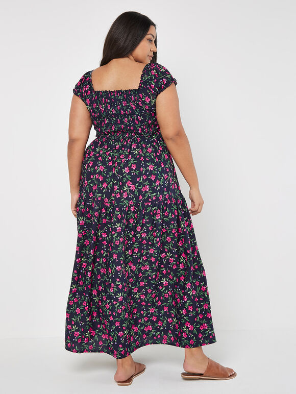 Curve Ditsy Floral Milkmaid Maxi Dress, Navy, large
