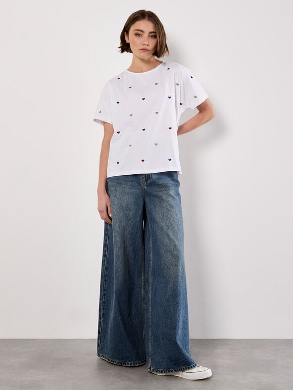 Embroidered Heart Cotton T-Shirt, White, large