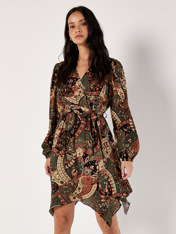 Paisley Wrap Mini Dress, Khaki, large