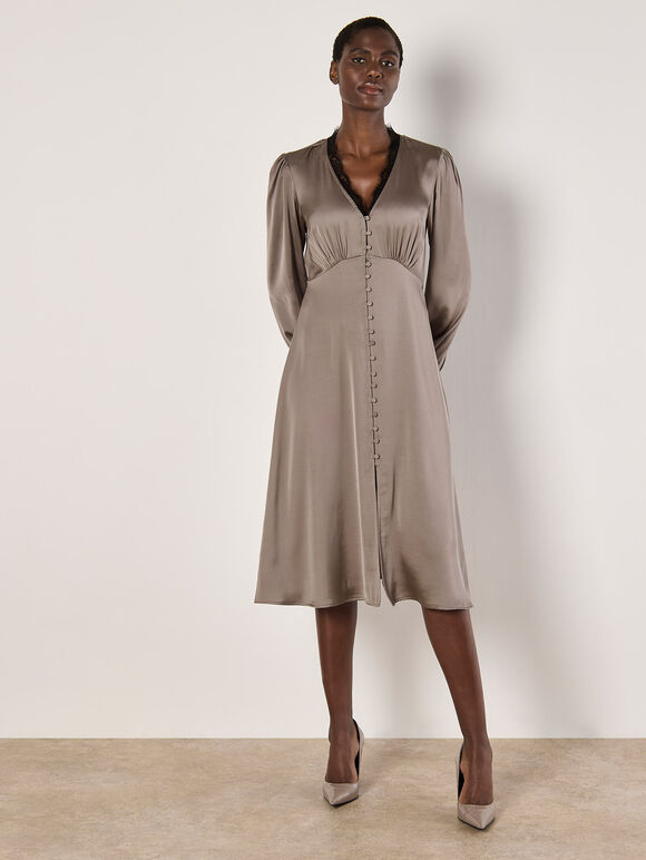 Lace Trim Satin Midi Dress, Grey, large