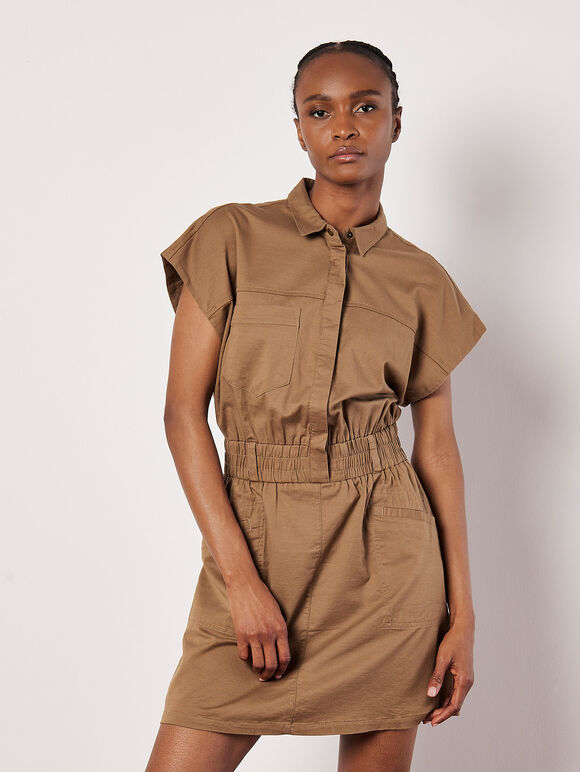 Utility Shirt Mini Dress, Brown, large