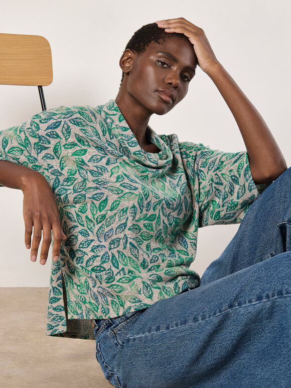 Batik Leaf Jersey Knit Top, Green, large