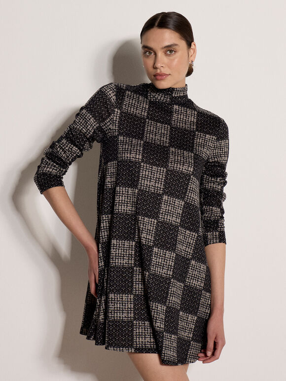 Textured Check Swing Mini Dress, Mocha, large