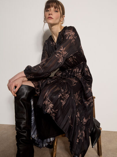 Metallic Shimmer Floral Silhouette Midi Dress