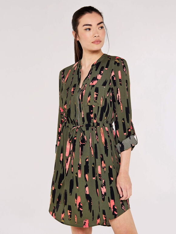 Brushstroke Print Mini Dress , Khaki, large