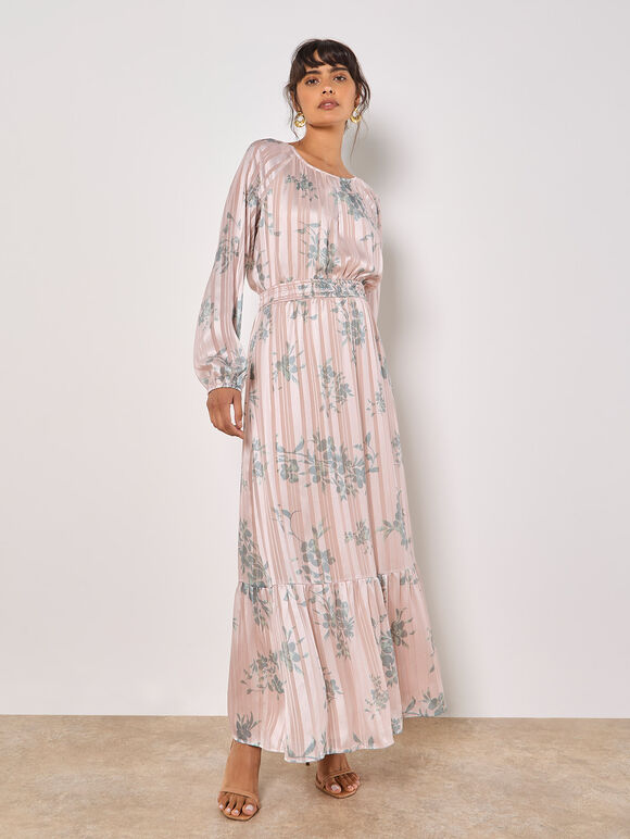 Silhouette Floral Satin Shimmer Maxi Dress, Stone, large