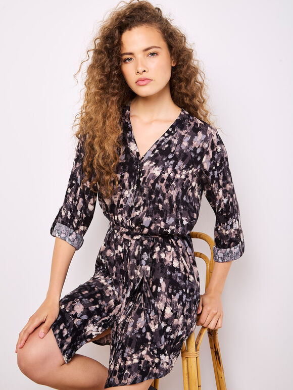 Abstract Brushstroke Shirt Mini Dress, Dark Grey - Charcoal, large