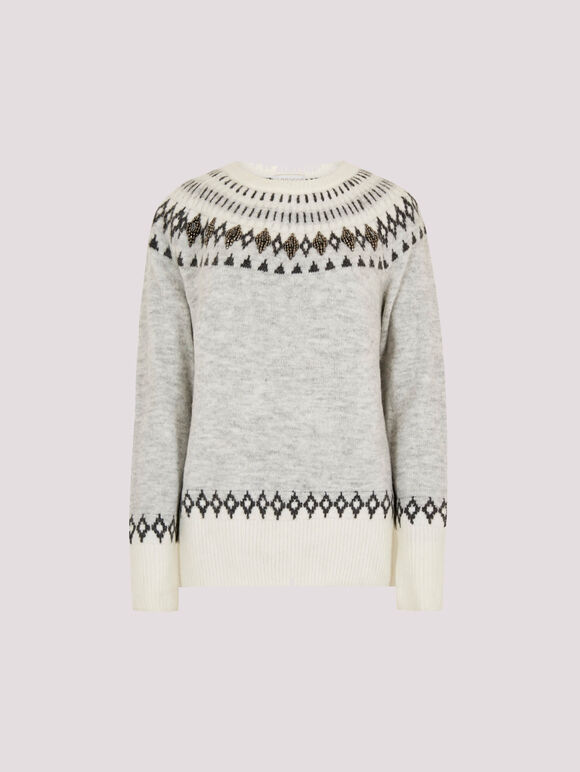 Fair Isle Gem Embellished Jumper, Grey, large