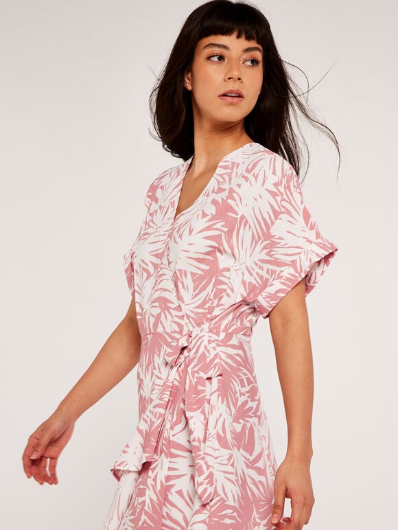 Leaf Print Midi Dress, Pink, large