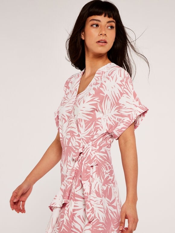 Leaf Print Midi Dress, Pink, large