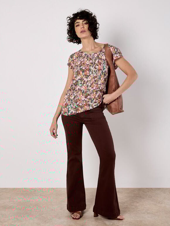 Ditsy Floral Tulip Sleeve Top, Green, large