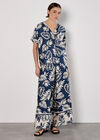 Tropical Leaf Print Satin T-Shirt, Navy, large