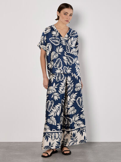 Tropical Leaf Print Satin T-Shirt