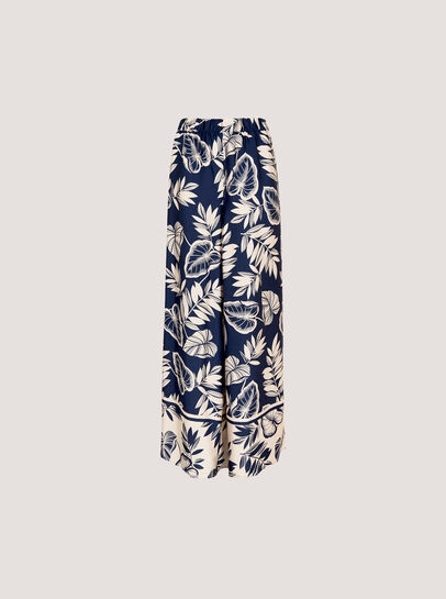 Tropical Leaf Print Satin Wide Leg Trousers