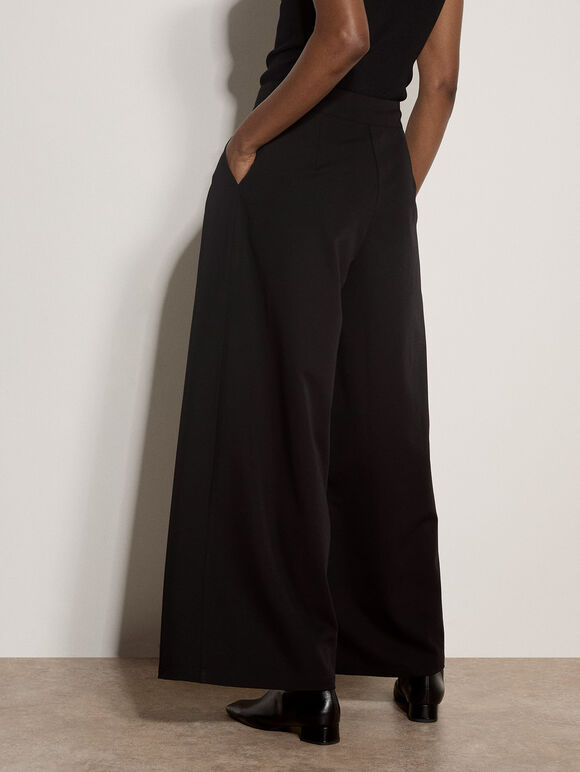 Wide-Leg Pleated Tailored Trousers, Black, large