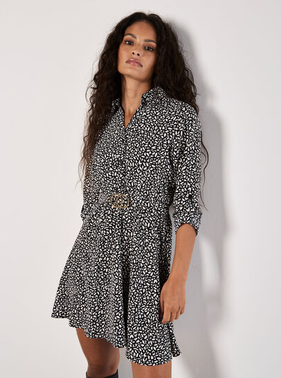 Petal Print Belted Shirt Mini Dress