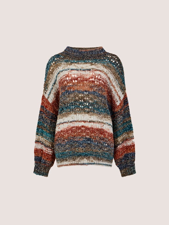 Open Knit Multi-Coloured Oversized Jumper, Teal, large