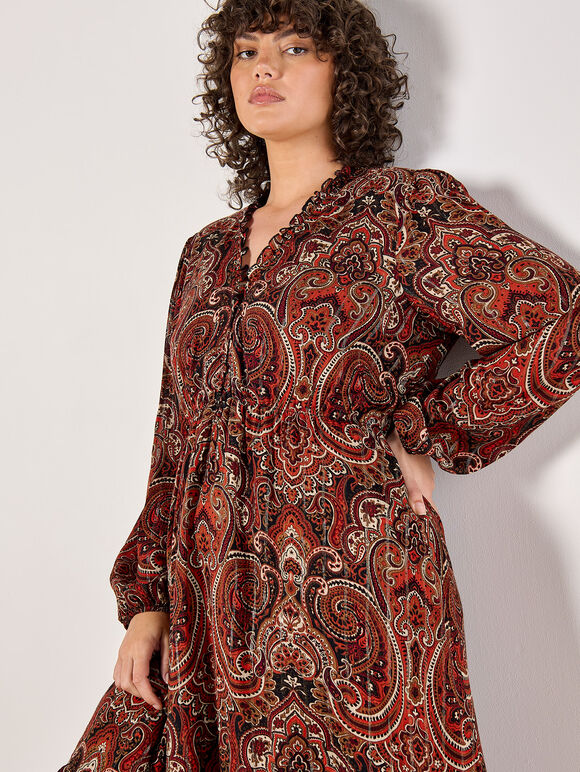 Curve Paisley Shimmer Midi Dress, Rust, large