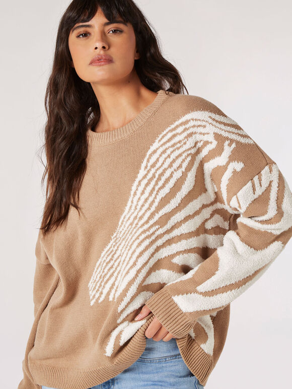 Oversized Zebra Pattern Jumper, Stone, large