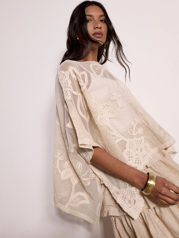 Cotton-Blend Mesh Floral Embroidered Top, Stone, large