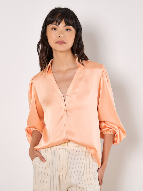 Soft Satin Shirt, Peach, large