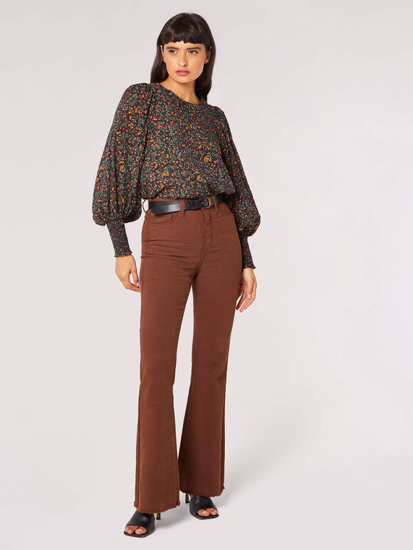 Ditsy Floral Balloon Sleeve Top, Black, large