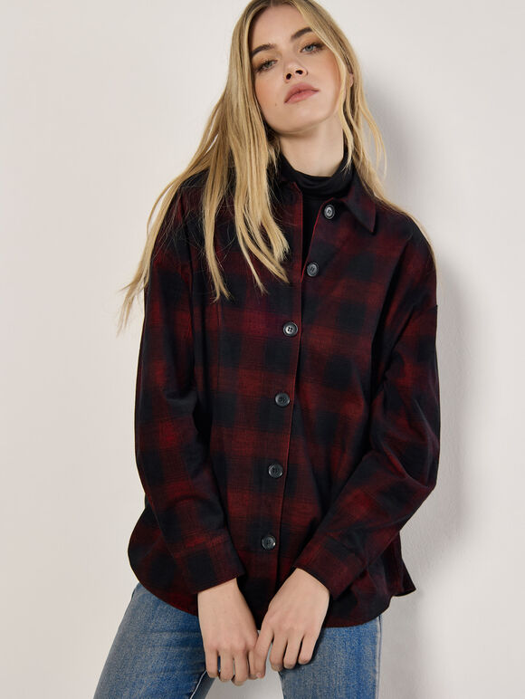 Oversized Check Corduroy Shirt, Red, large