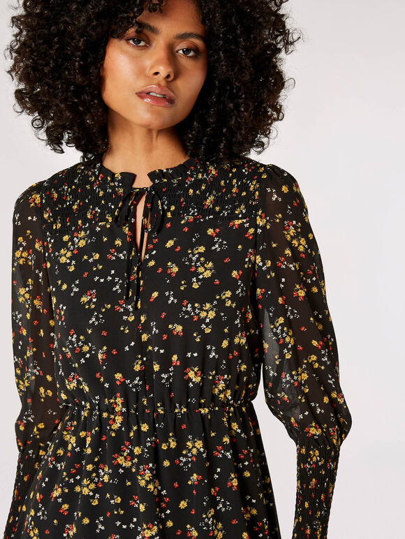Ditsy Floral Ruffle Mini Dress, Black, large
