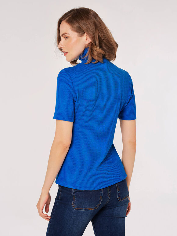 Roll Neck Waffle T-Shirt, Blue, large
