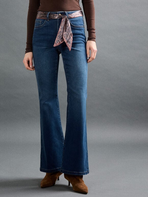 Lulu Scarf Belt Flare Jeans, Blue, large