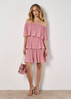 Plisse Tiered Bardot Mini Dress, Lilac, large