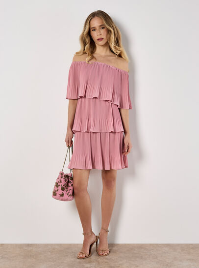 Plisse Tiered Bardot Mini Dress